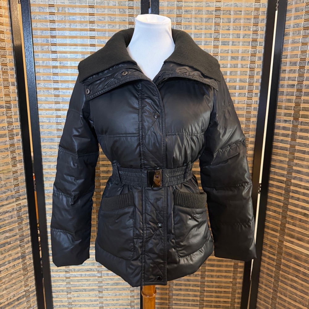 Bold Spirit Puffer Jacket Women Small Black Belted Down Feather Quilted Coat